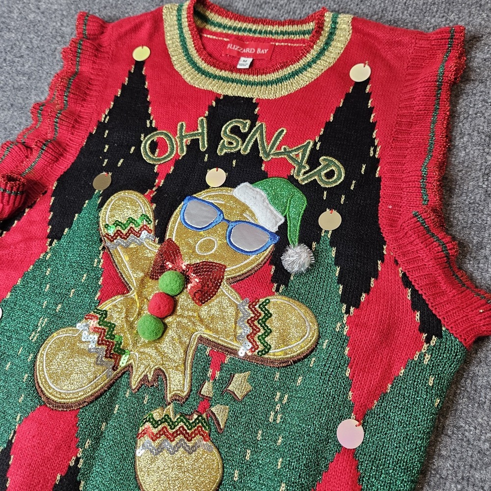 Oh Snap Gingerbread Man Christmas Sweater Sleeveless Ruffle Trim Size Medium